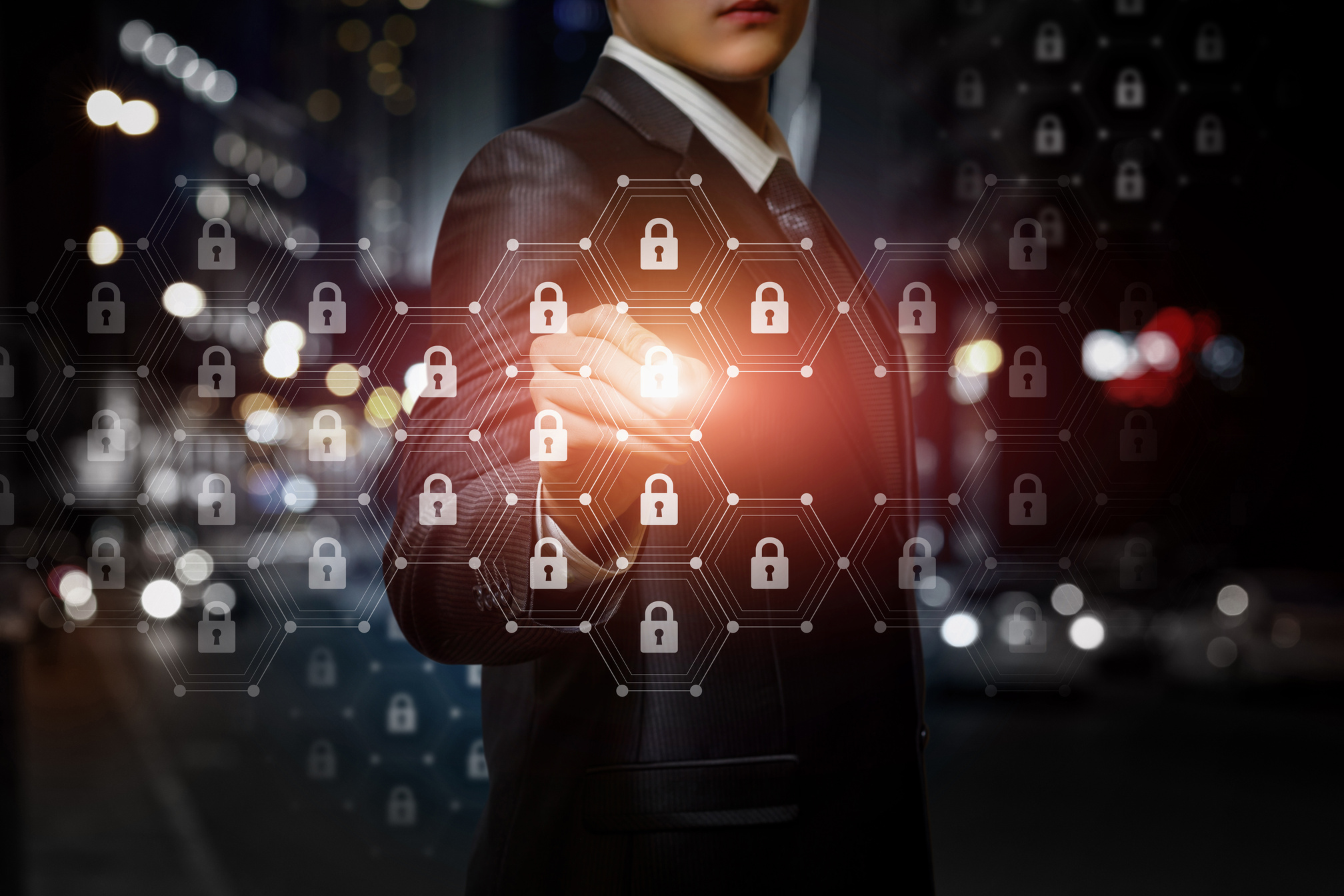 A businessman operating with protection system.